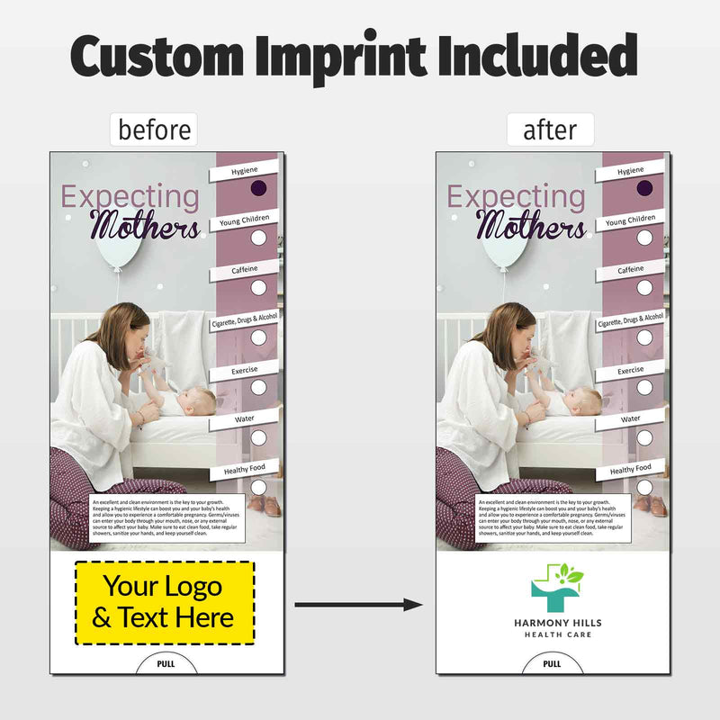 A comparison graphic showing a custom printed flyer or social media post layout labeled 'before' and 'after.' The left side shows a generic version with placeholder text and a yellow box for logo/text; the right side shows a customized version with a photo of a woman and baby, the headline 'Expecting Mothers,' and a green health-care logo reading 'Harmony Hills Health Care.