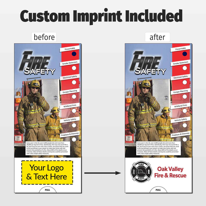 A promotional graphic showing a fire safety sign with a before-and-after comparison. The left side is labeled 'before' and shows a generic firefighter photo with a yellow placeholder box for logo and text.