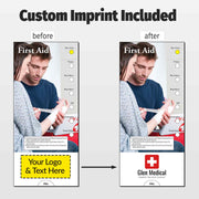 A promotional comparison graphic showing a custom First Aid flyer template before and after customization. The left side is labeled 'before' with a yellow box reading 'Your Logo & Text Here,' and the right side is labeled 'after' with a red cross logo and the text 'Glen Medical Health Service Center.