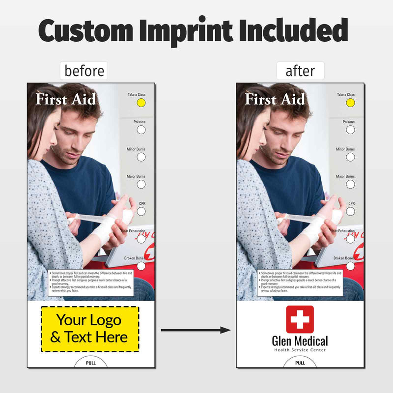 A promotional comparison graphic showing a custom First Aid flyer template before and after customization. The left side is labeled 'before' with a yellow box reading 'Your Logo & Text Here,' and the right side is labeled 'after' with a red cross logo and the text 'Glen Medical Health Service Center.