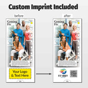 A comparison graphic showing a custom fitness flyer template before and after customization. The left 'before' version has a placeholder yellow box for logo and text.