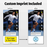 A promotional comparison graphic showing a before-and-after layout for a vertical flyer or banner. The left side labeled 'before' shows a runner photo with placeholder text and a yellow box for custom logo/text.