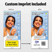 The left side shows a generic version labeled 'before' with placeholder text and a yellow box for logo/text, while the right side shows a customized version labeled 'after' with a photo of a woman holding a water bottle, the headline 'Healthy Living for Women'