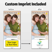 A comparison graphic showing a custom printed banner design labeled 'before' and 'after.' The left side shows a generic placeholder photo area with text 'Your Logo & Text Here' and a yellow dashed logo box.