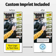A promotional comparison graphic showing a custom medical driver sobriety test card before and after customization. The left side is labeled 'before' and shows the template with a placeholder photo of a hand holding a phone near a car steering wheel, a yellow 'Your Logo & Text Here' box, and a blank circular logo area.