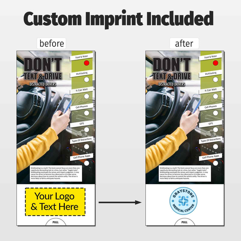 A promotional comparison graphic showing a custom medical driver sobriety test card before and after customization. The left side is labeled 'before' and shows the template with a placeholder photo of a hand holding a phone near a car steering wheel, a yellow 'Your Logo & Text Here' box, and a blank circular logo area.