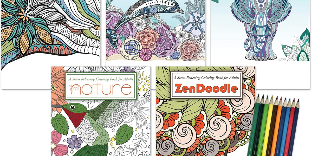 ADULT COLORING BOOK RELAX PACK - ZenDoodle Stress Relief Coloring Book with  Colored Pencils Set