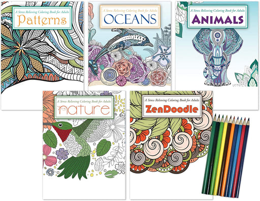 Coloring Book Gift Kit: 5 Stress Relieving Adult Coloring Books with Pencils