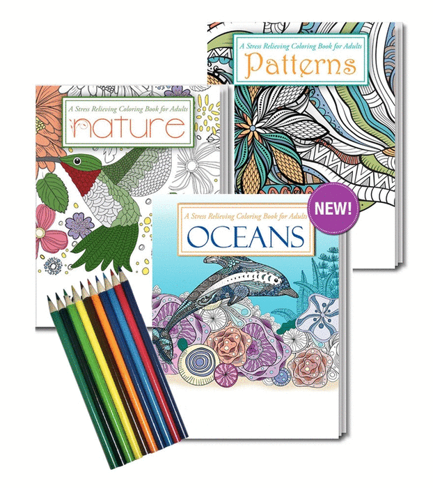 Gift Pack - 3 Adult Stress Relieving Coloring Books (Oceans, Patterns, Nature) with Coloring Pencils 