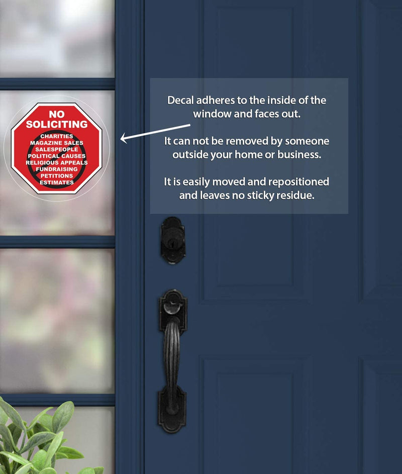 No Soliciting Vinyl Static Cling Decal | No Trespassers Sticker- for Homes, Offices, Businesses | Modern Door Porch Window Decor Sign | Black & Red | Inside Outside Removable