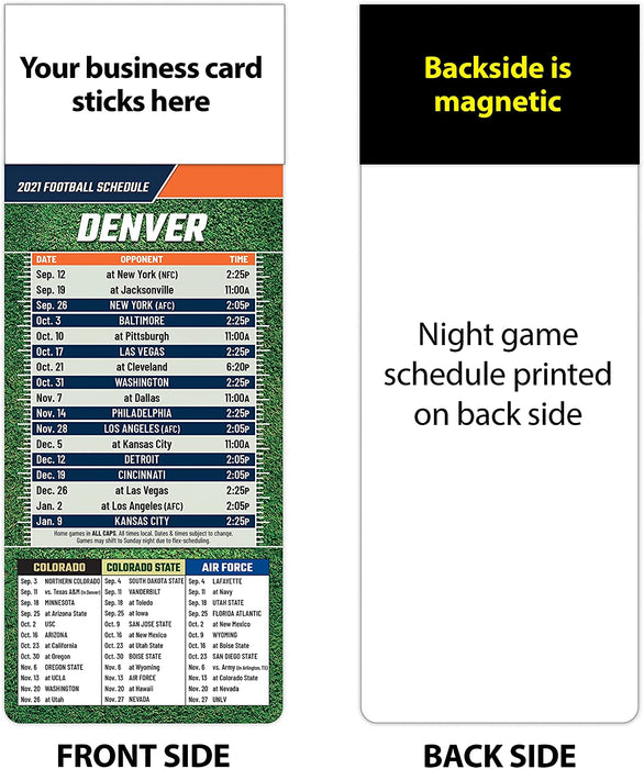 Pro Football Sports Schedule Magnets (DENVER) - 100 Count - Your Business Card Sticks on Top