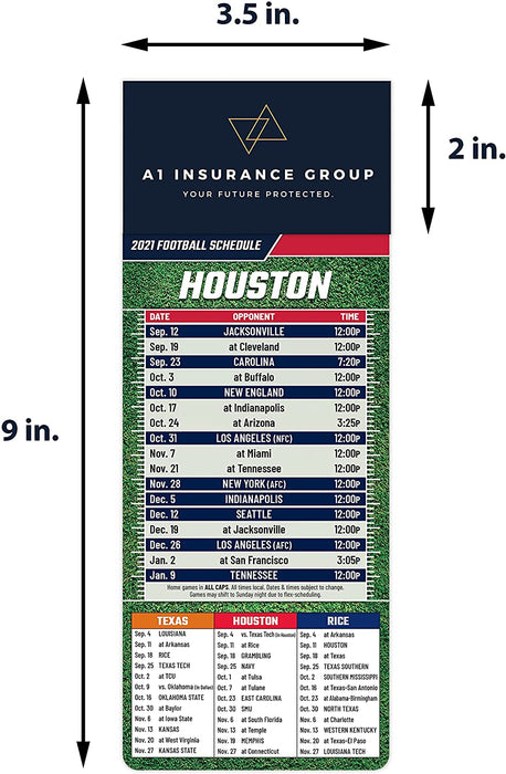 Pro Football Sports Schedule Magnets (HOUSTON) - 100 Count - Your Business Card Sticks on Top