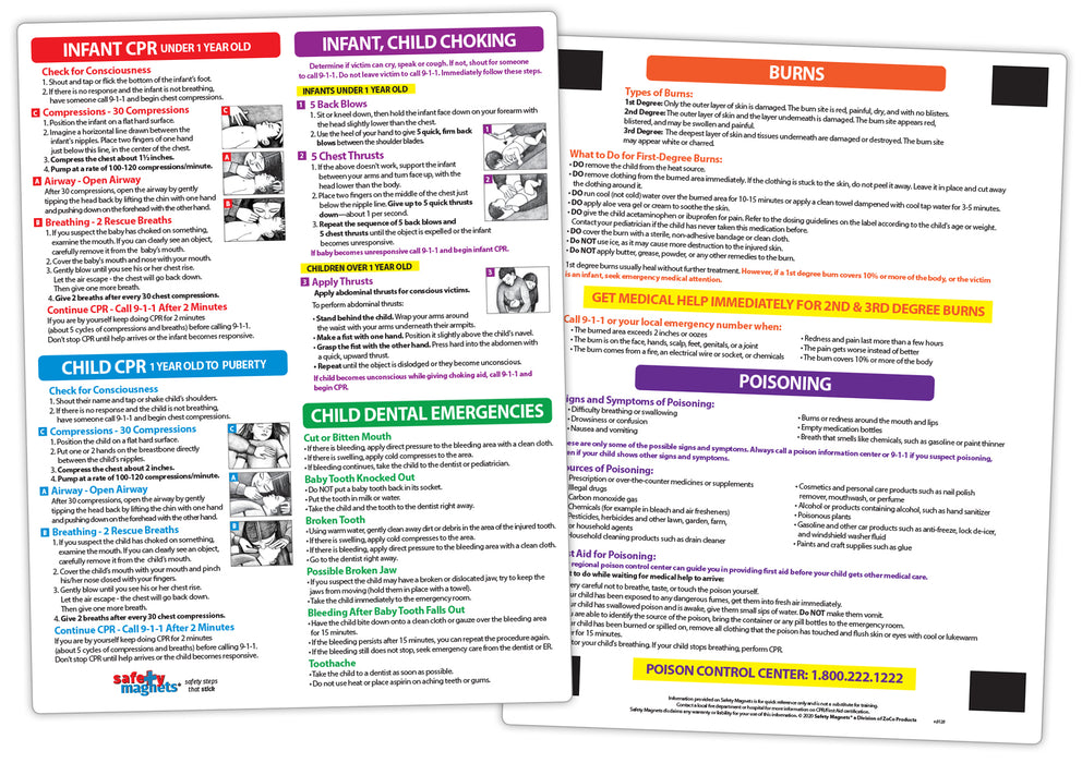 Safety Magnets - CPR, Choking, Poison, Burn, Dental Emergencies for Infants and Children - Quick Reference Card with Magnets