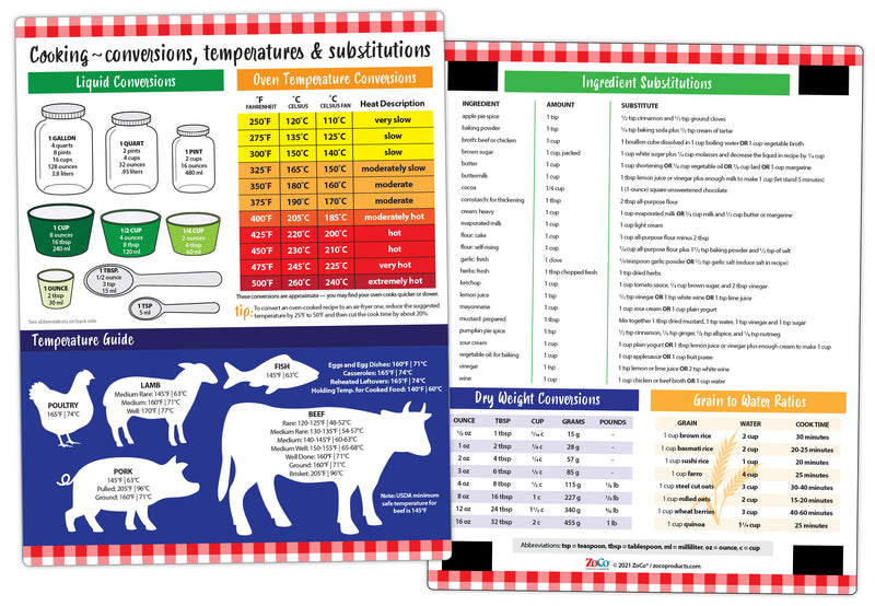 Cooking Conversion Chart - Quick Reference Card w/ Magnets - 8.5"x11"