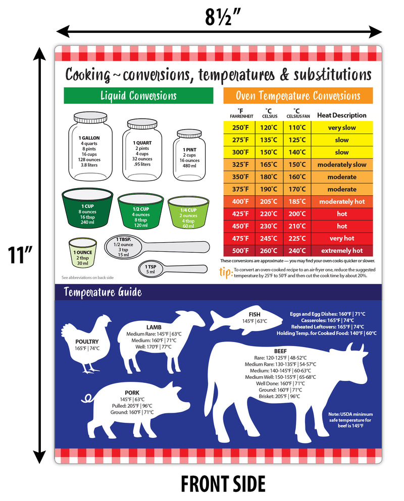 Cooking Conversion Chart - Quick Reference Card w/ Magnets - 8.5"x11"