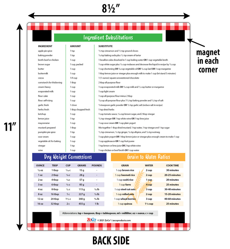 Cooking Conversion Chart - Quick Reference Card w/ Magnets - 8.5"x11"